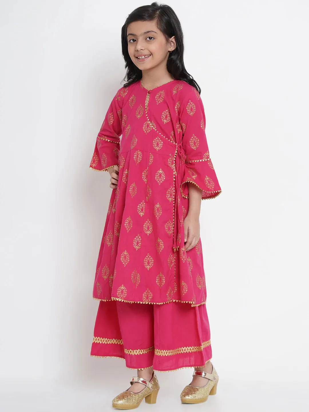 Girls Fuchsia Pink & Gold-Coloured Printed Kurta With Palazzos