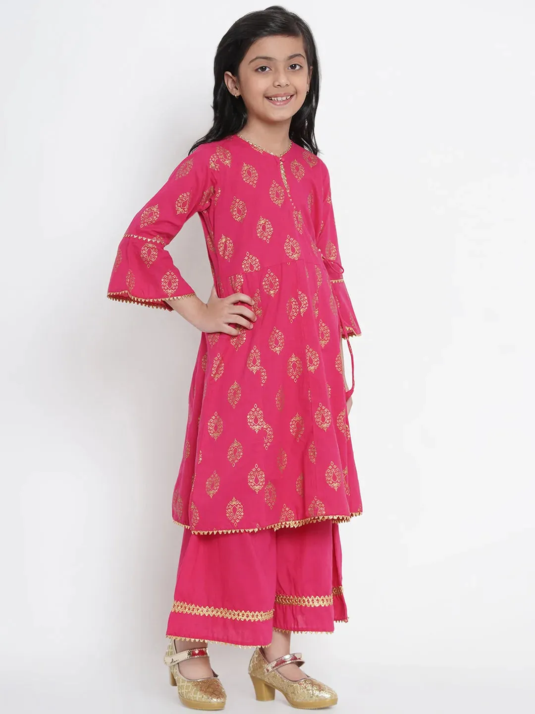 Girls Fuchsia Pink & Gold-Coloured Printed Kurta With Palazzos