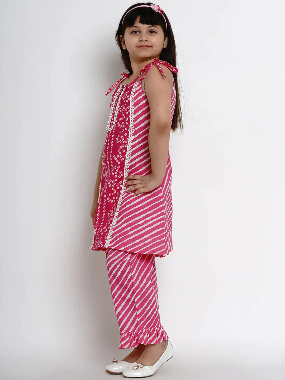 Girls Pink Striped Kurta With Palazzos