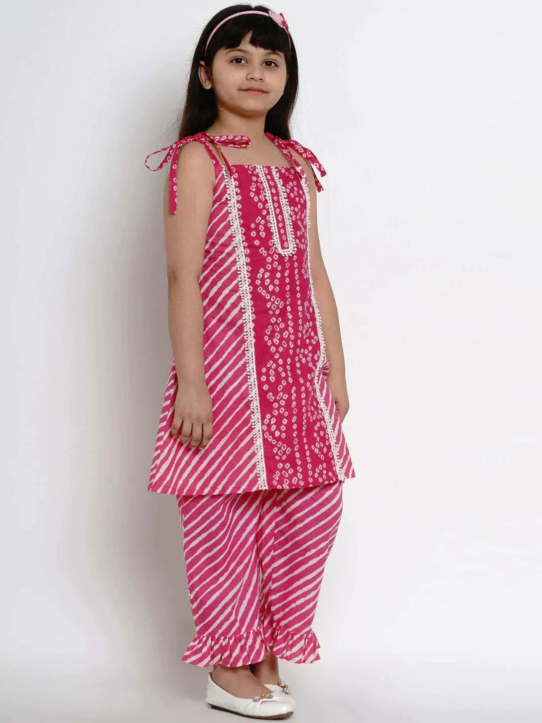 Girls Pink Striped Kurta With Palazzos