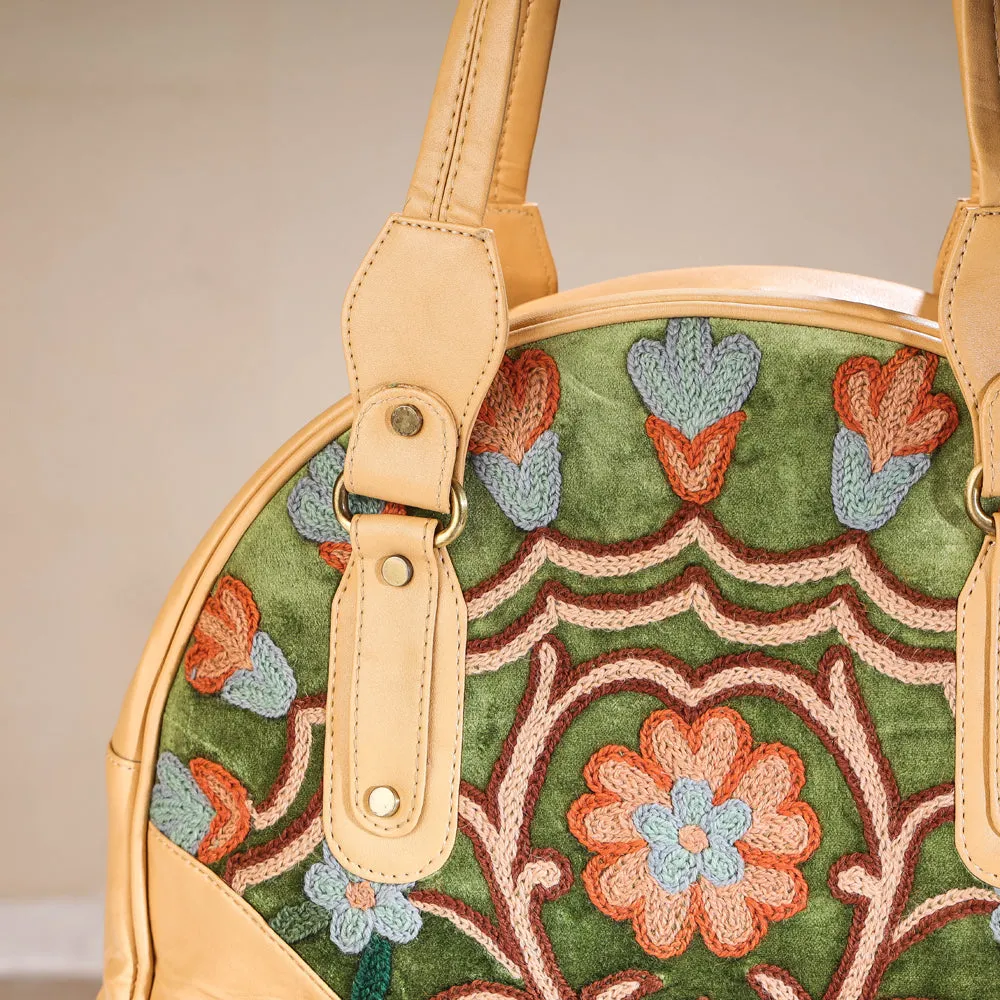 Green - Original Crewel Hand Embroidered Leather Hand Bag