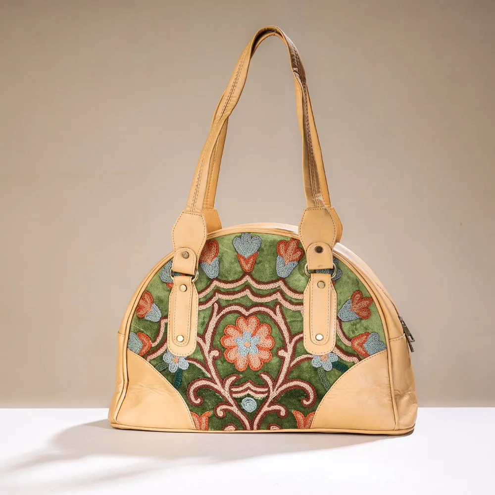 Green - Original Crewel Hand Embroidered Leather Hand Bag