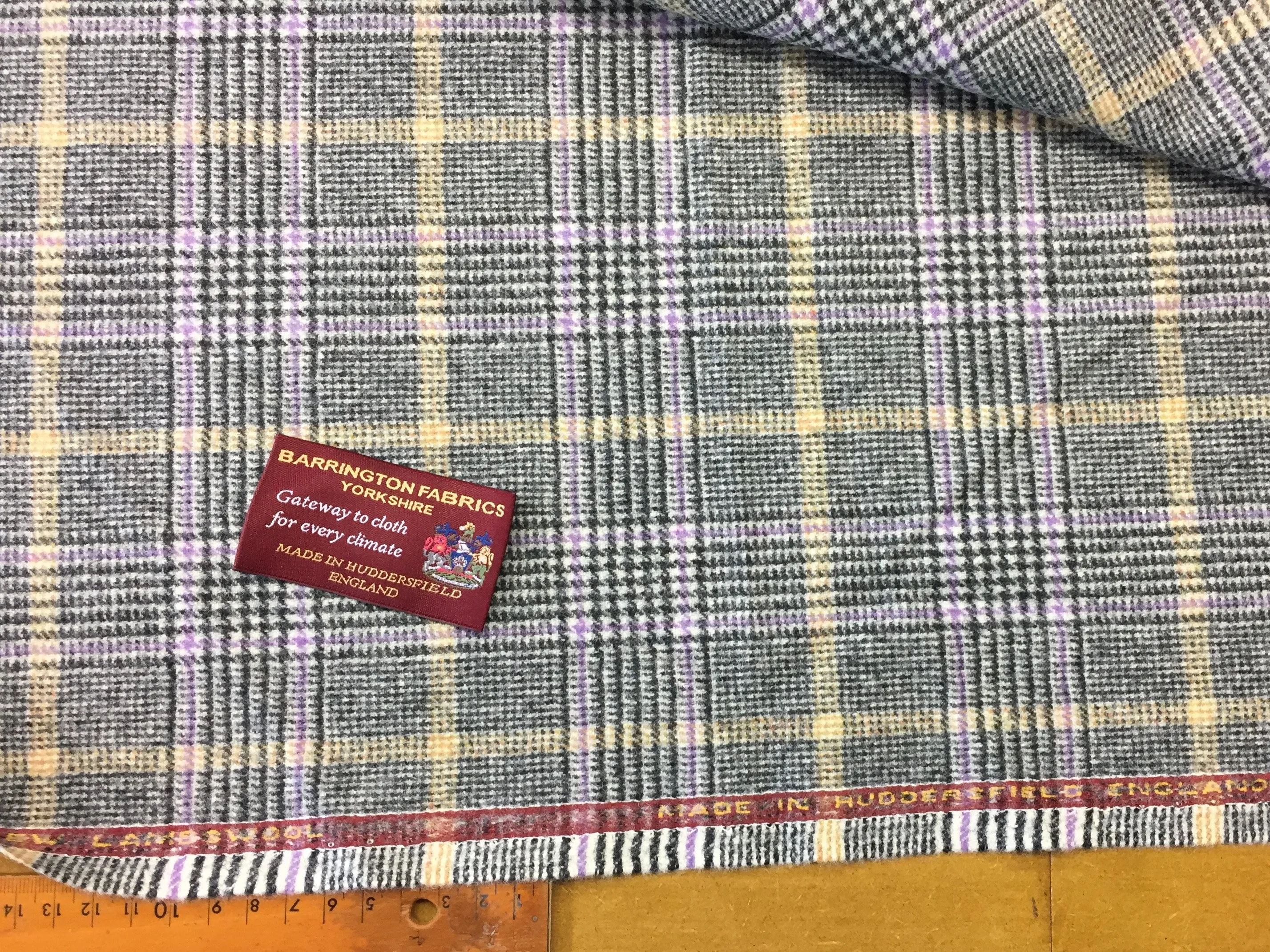 Grey Prince of wales with Purple and Yellow over check 100% Pure New Lambswool Jacketing