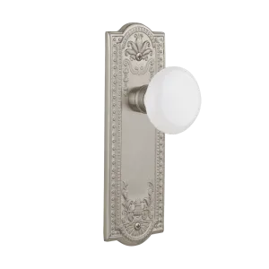 Meadows Long Plate with White Porcelain Knob in Satin Nickel
