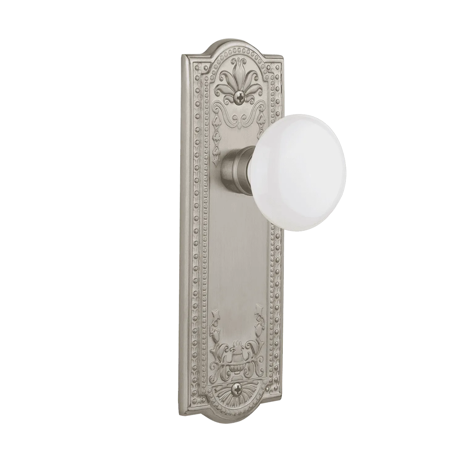 Meadows Long Plate with White Porcelain Knob in Satin Nickel