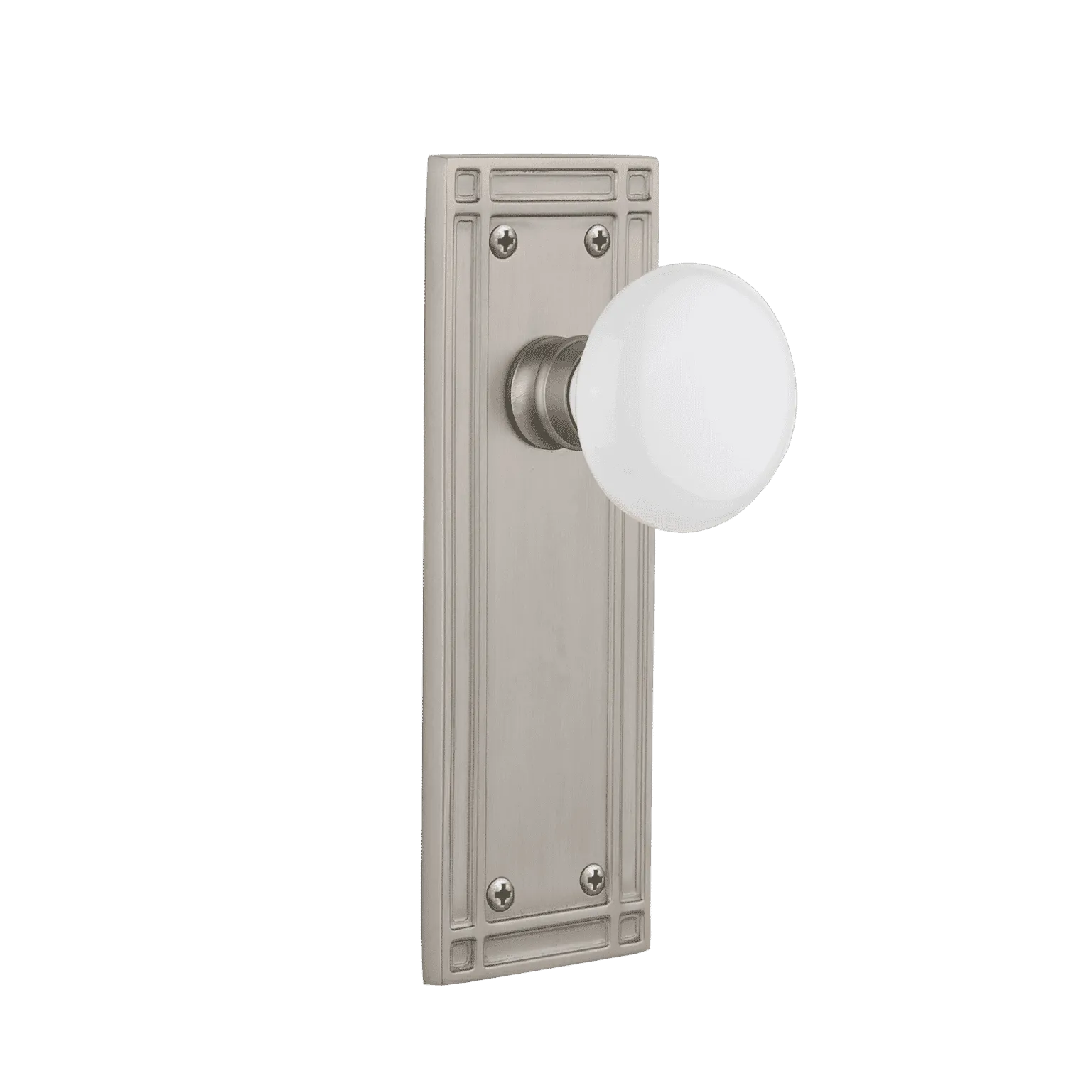Mission Long Plate with White Porcelain Knob in Satin Nickel