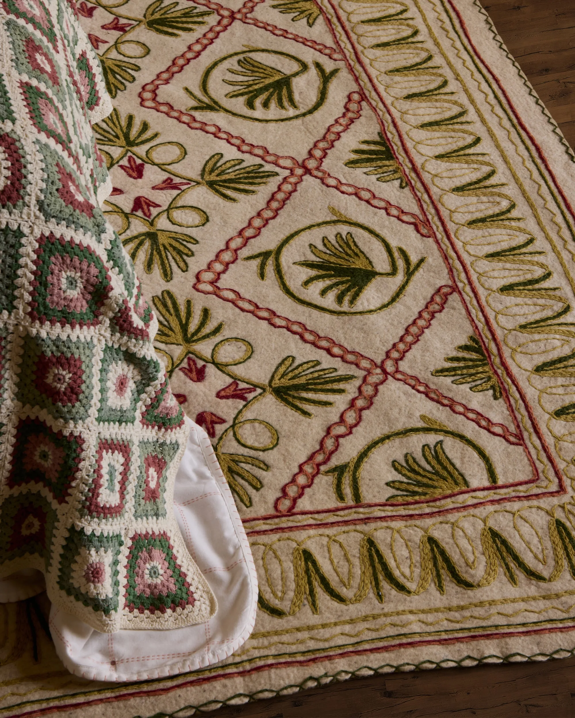 Namda Felt Embroidered Rug - Green and Pink