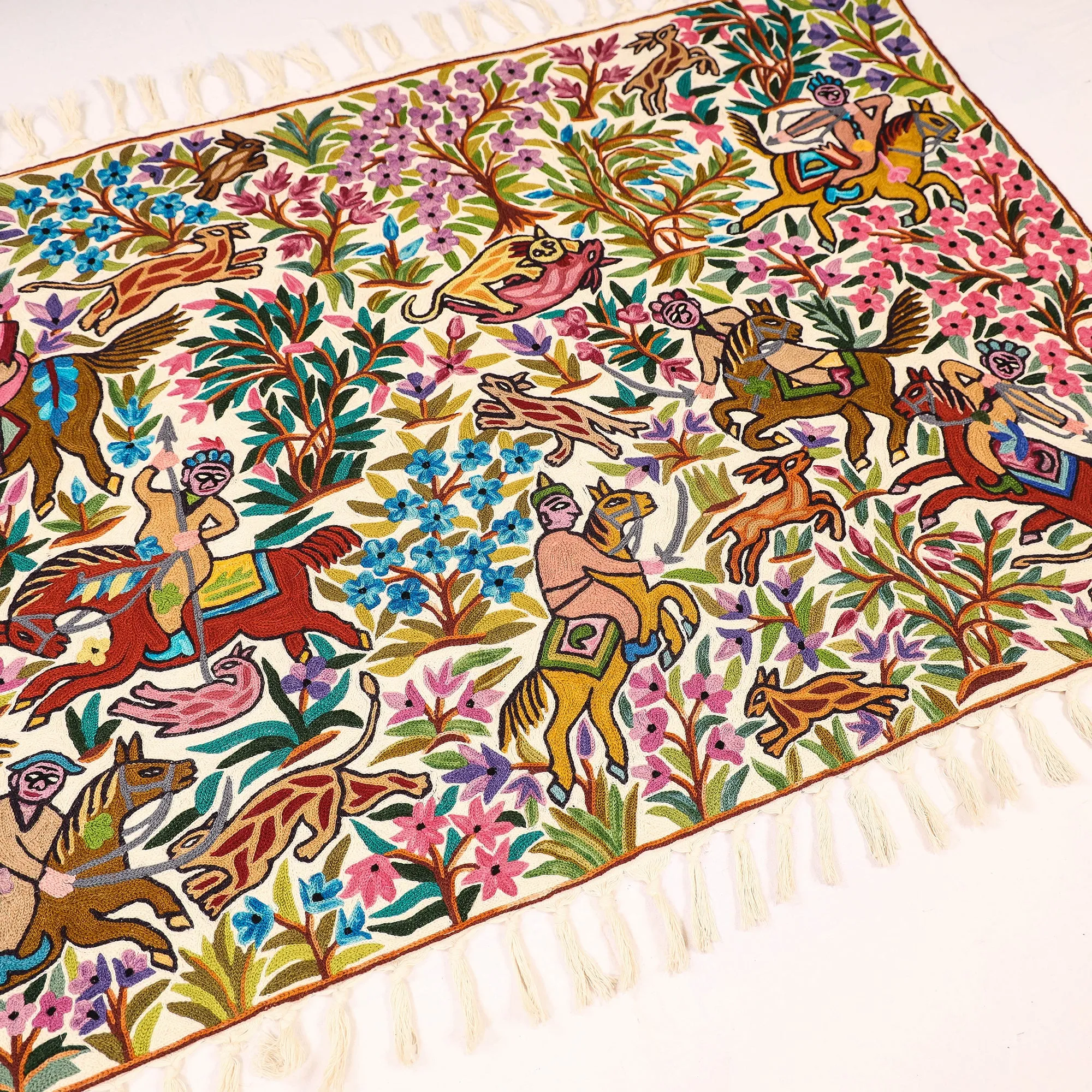 Original Chain Stitch Crewel Wool Thread Hand Embroidery Rug / Carpet (60 x 36 in)
