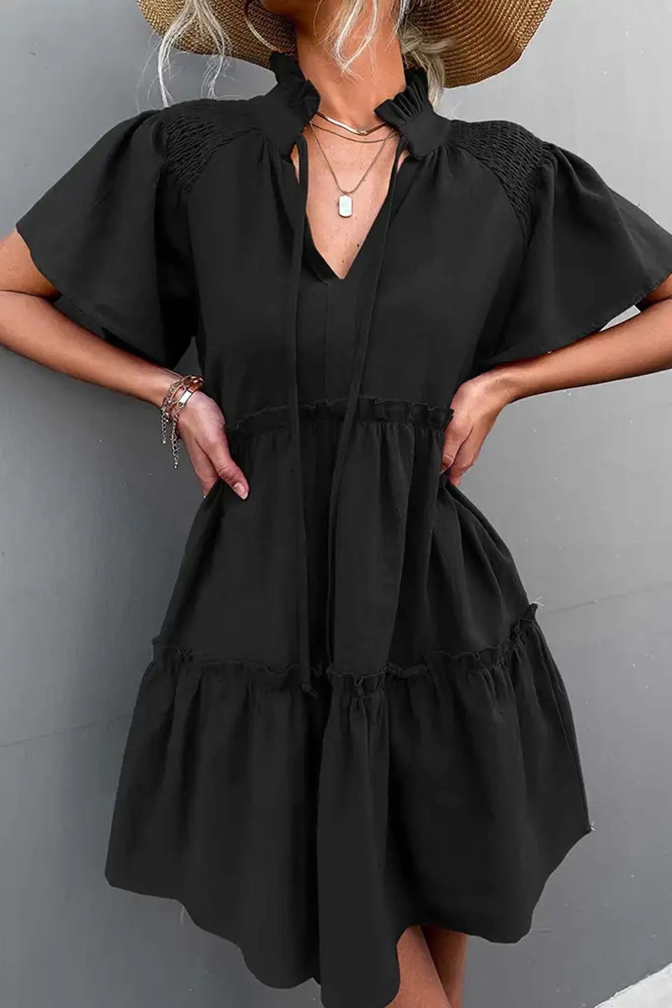 Pleated V Neck Dress