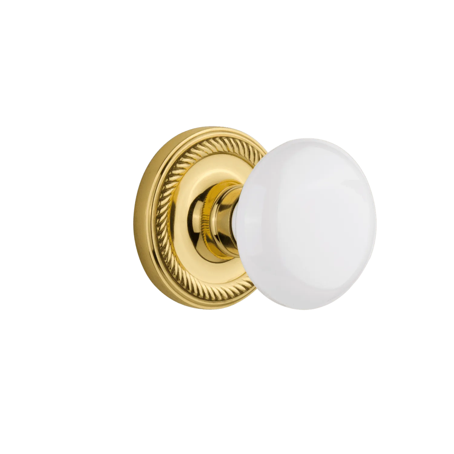 Rope Rosette with White Porcelain Knob in Unlacquered Brass