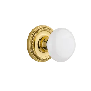 Rope Rosette with White Porcelain Knob in Unlacquered Brass