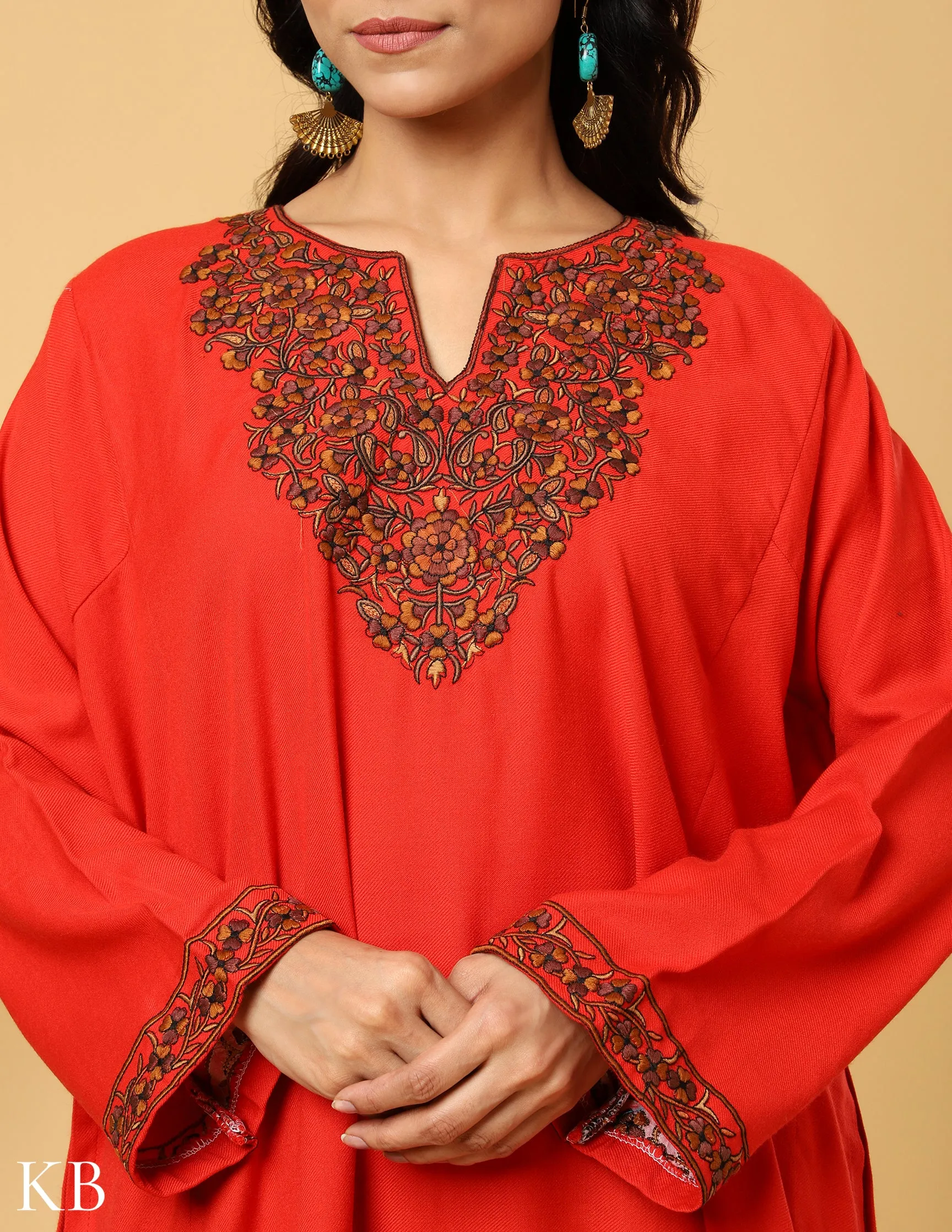 Ruby Red Sozni Embroidered Acrylic Wool Phiran