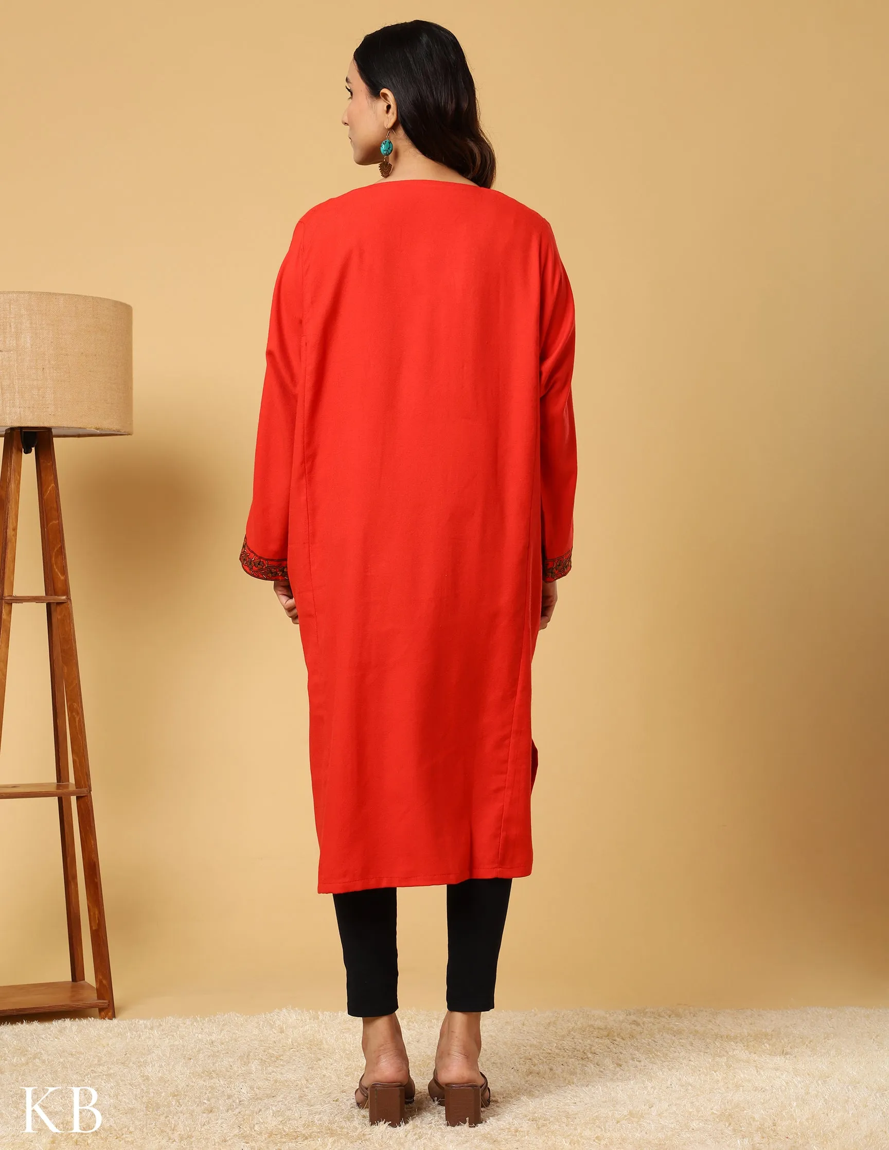 Ruby Red Sozni Embroidered Acrylic Wool Phiran