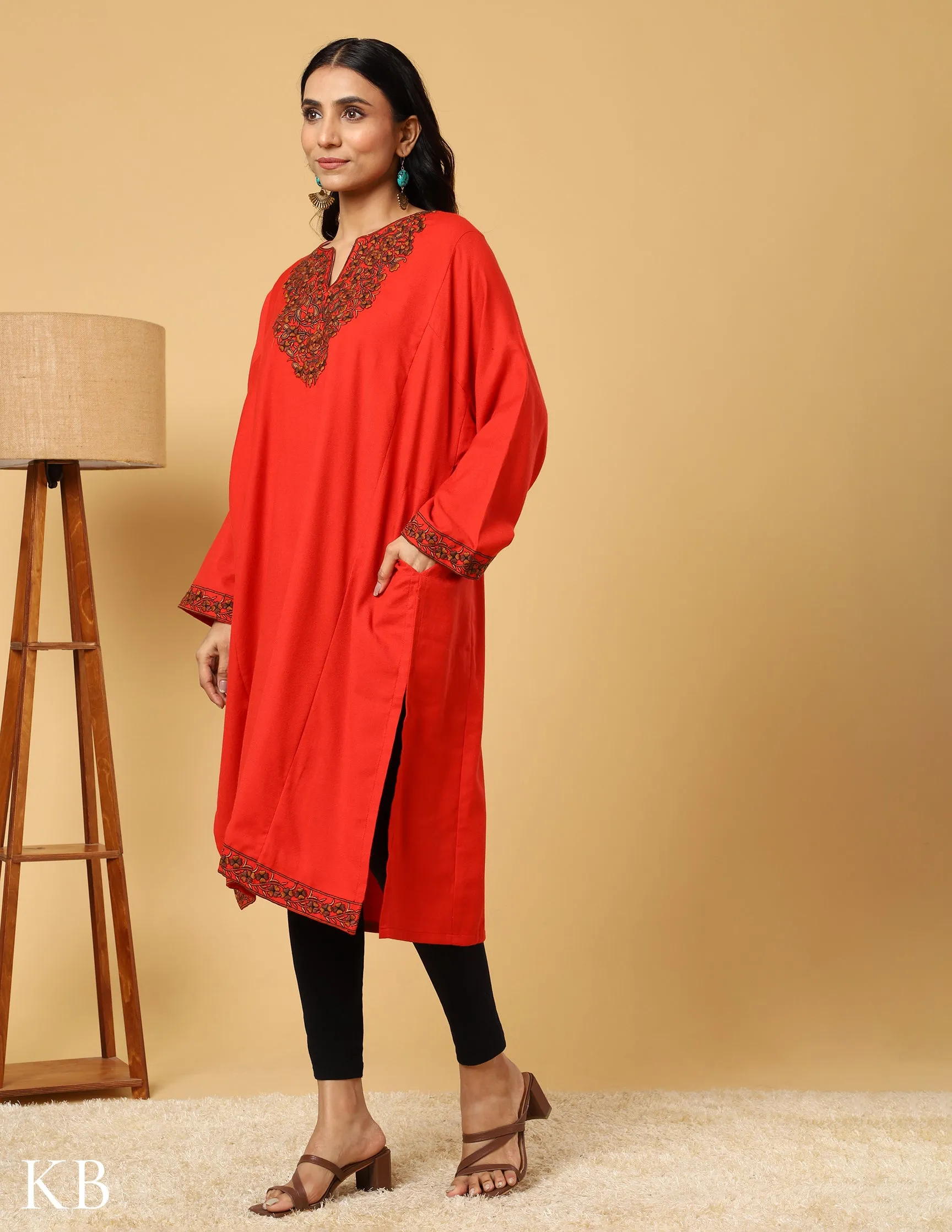 Ruby Red Sozni Embroidered Acrylic Wool Phiran