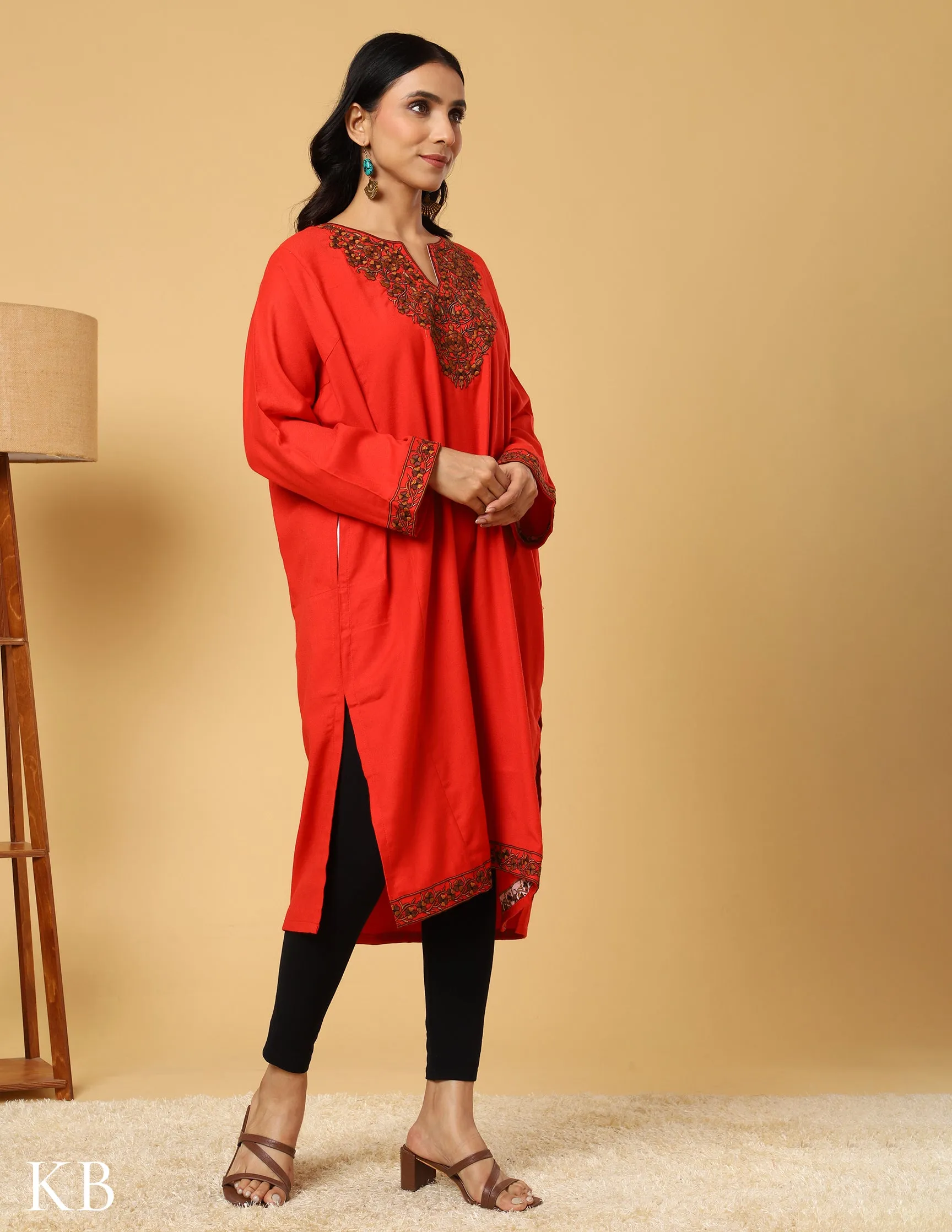 Ruby Red Sozni Embroidered Acrylic Wool Phiran
