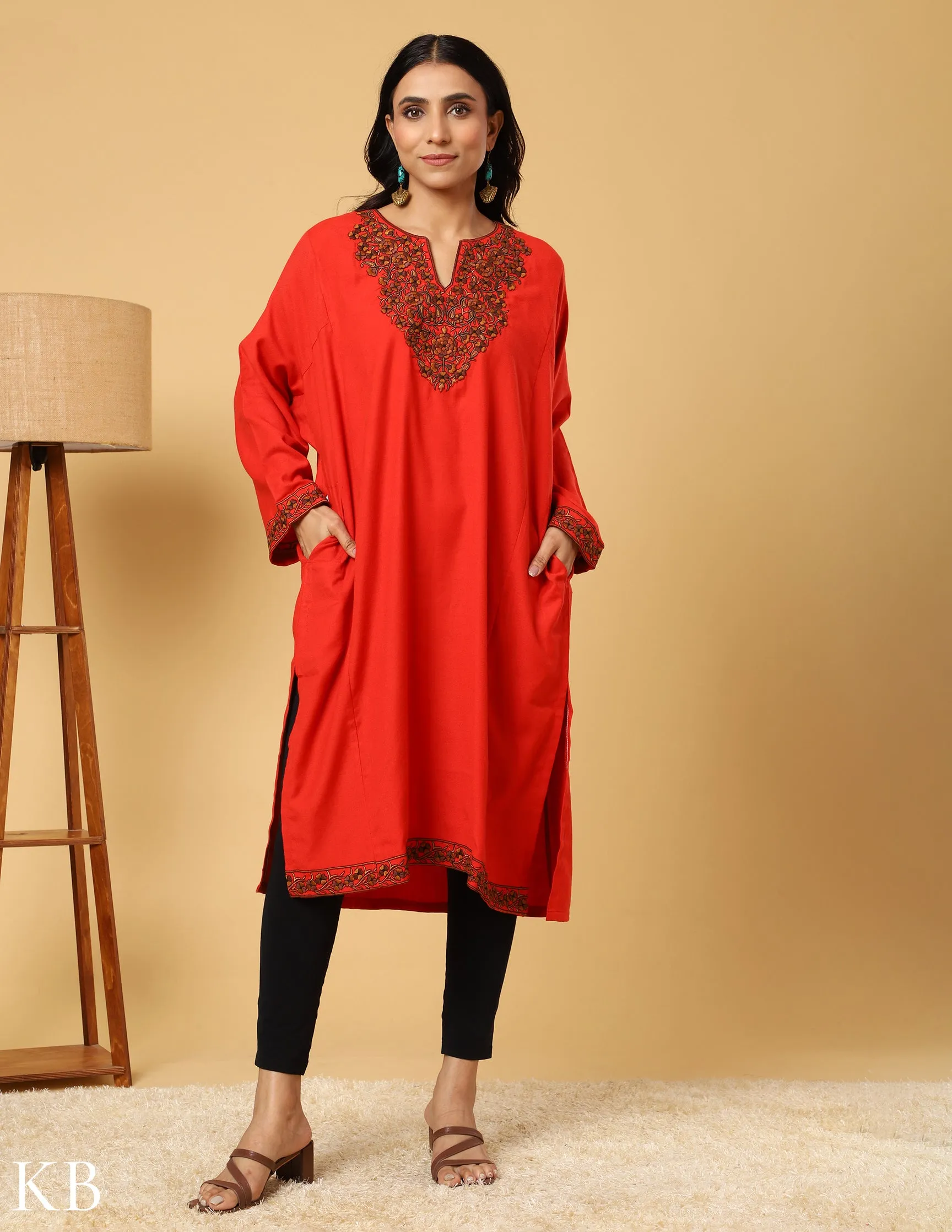 Ruby Red Sozni Embroidered Acrylic Wool Phiran