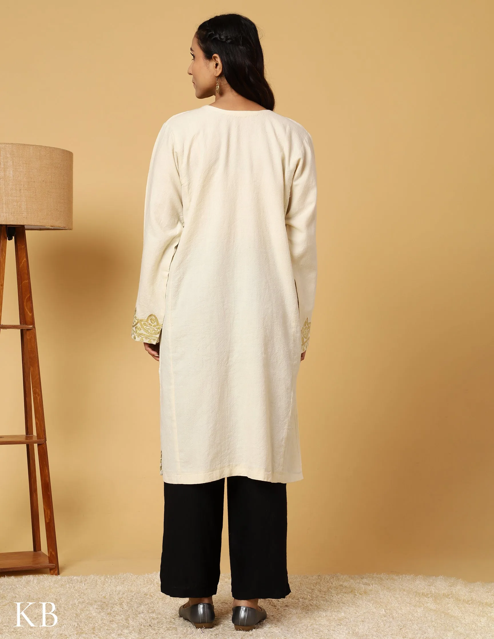 Snowflake White Zari Embroidered Pure Wool Phiran