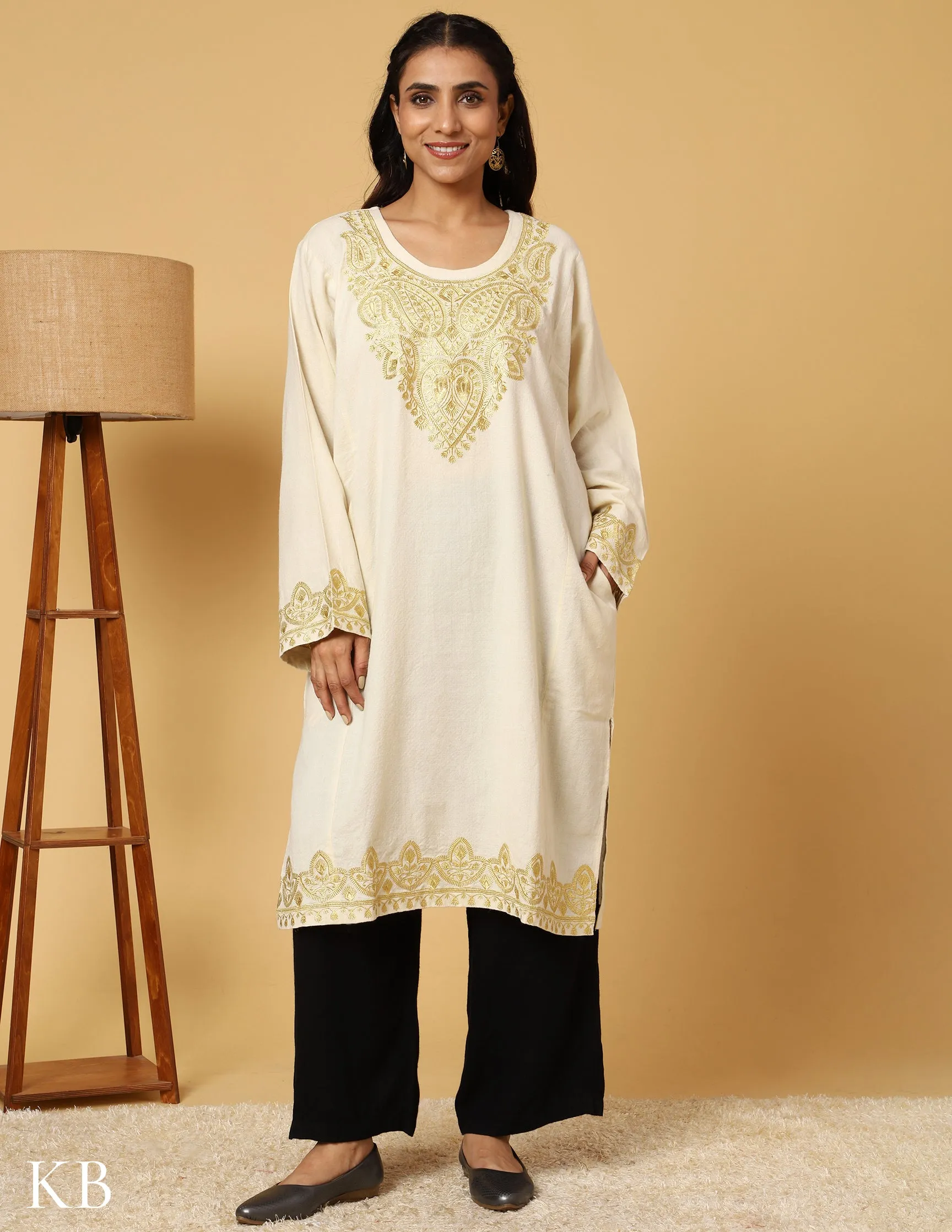 Snowflake White Zari Embroidered Pure Wool Phiran
