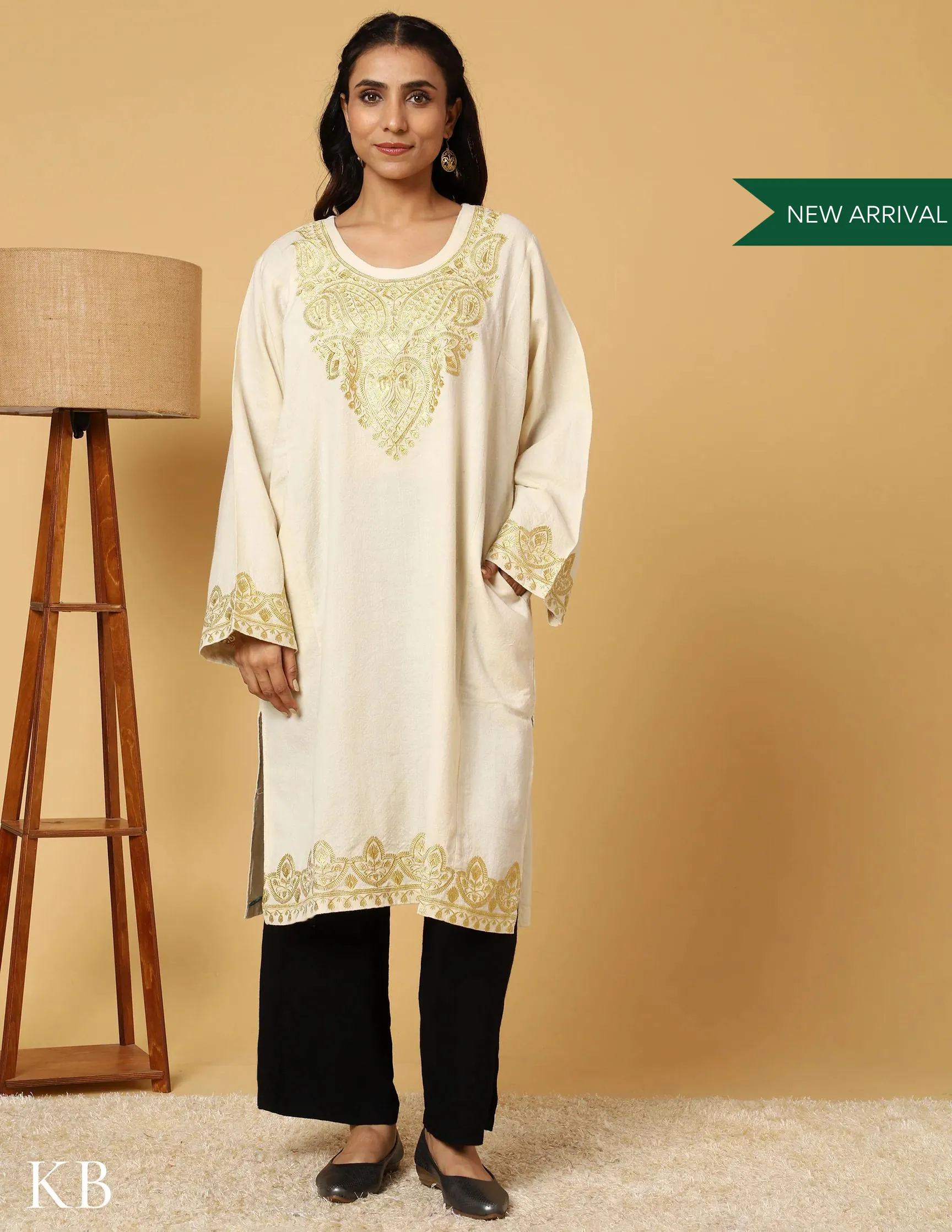 Snowflake White Zari Embroidered Pure Wool Phiran