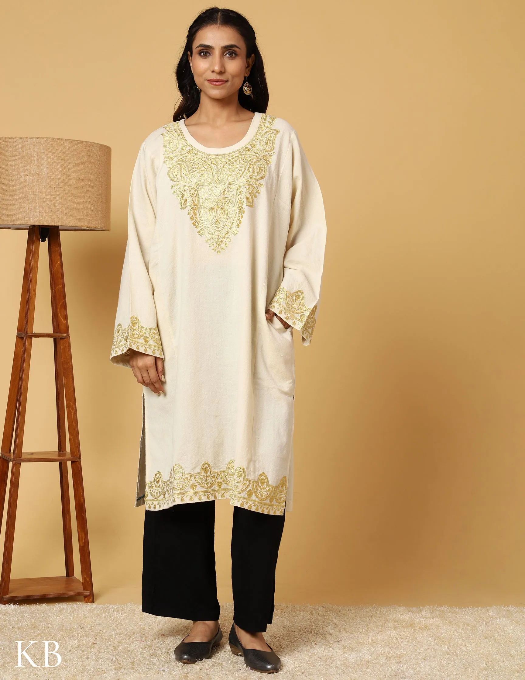 Snowflake White Zari Embroidered Pure Wool Phiran