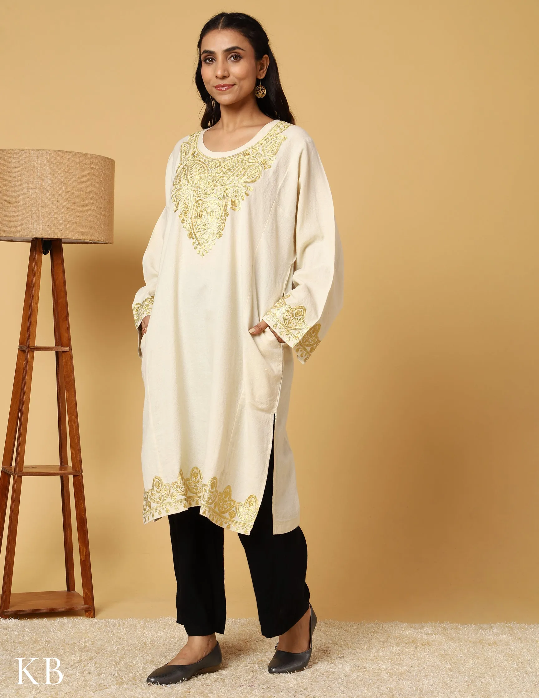 Snowflake White Zari Embroidered Pure Wool Phiran
