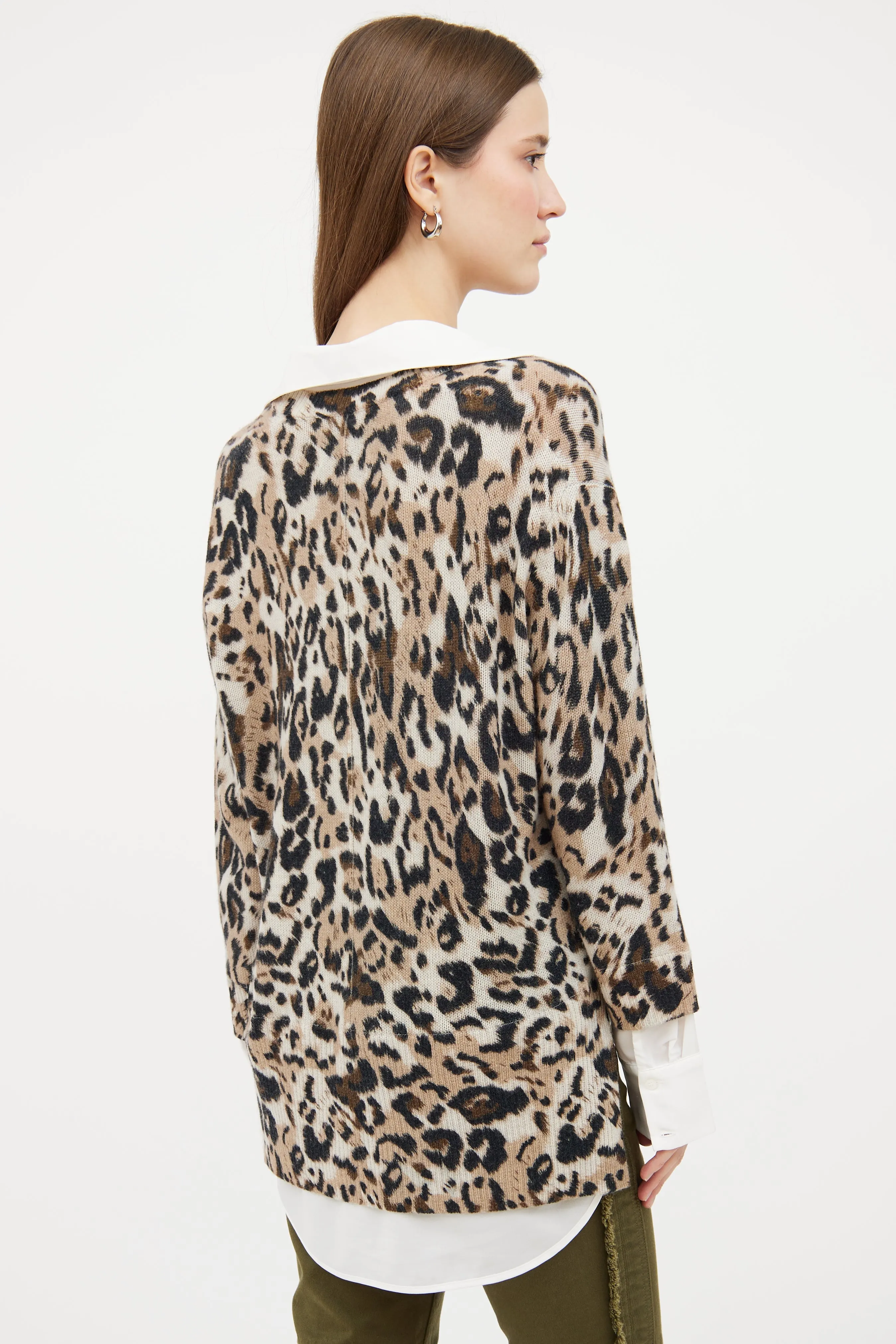 White & Beige Printed Shirt Sweater