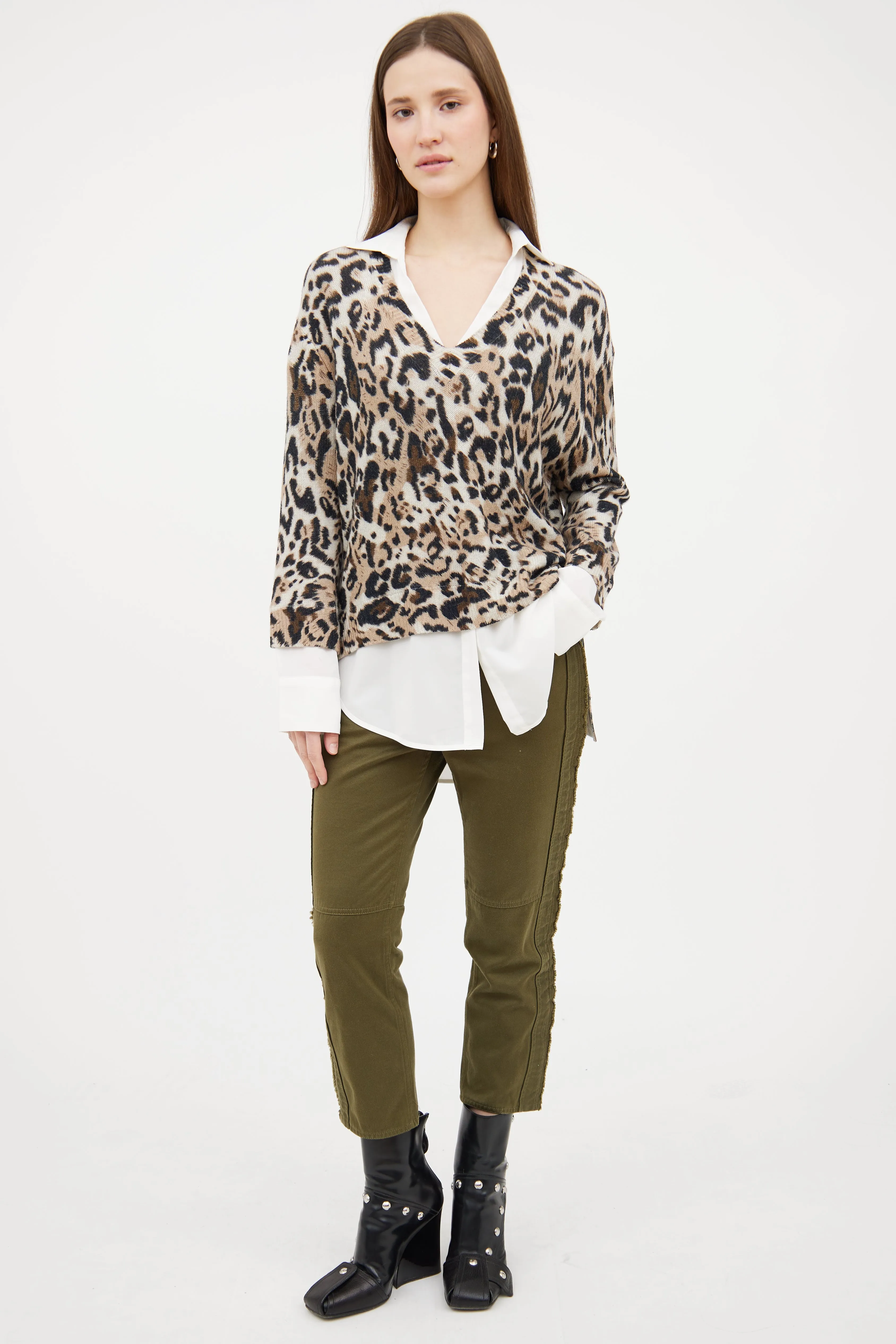 White & Beige Printed Shirt Sweater