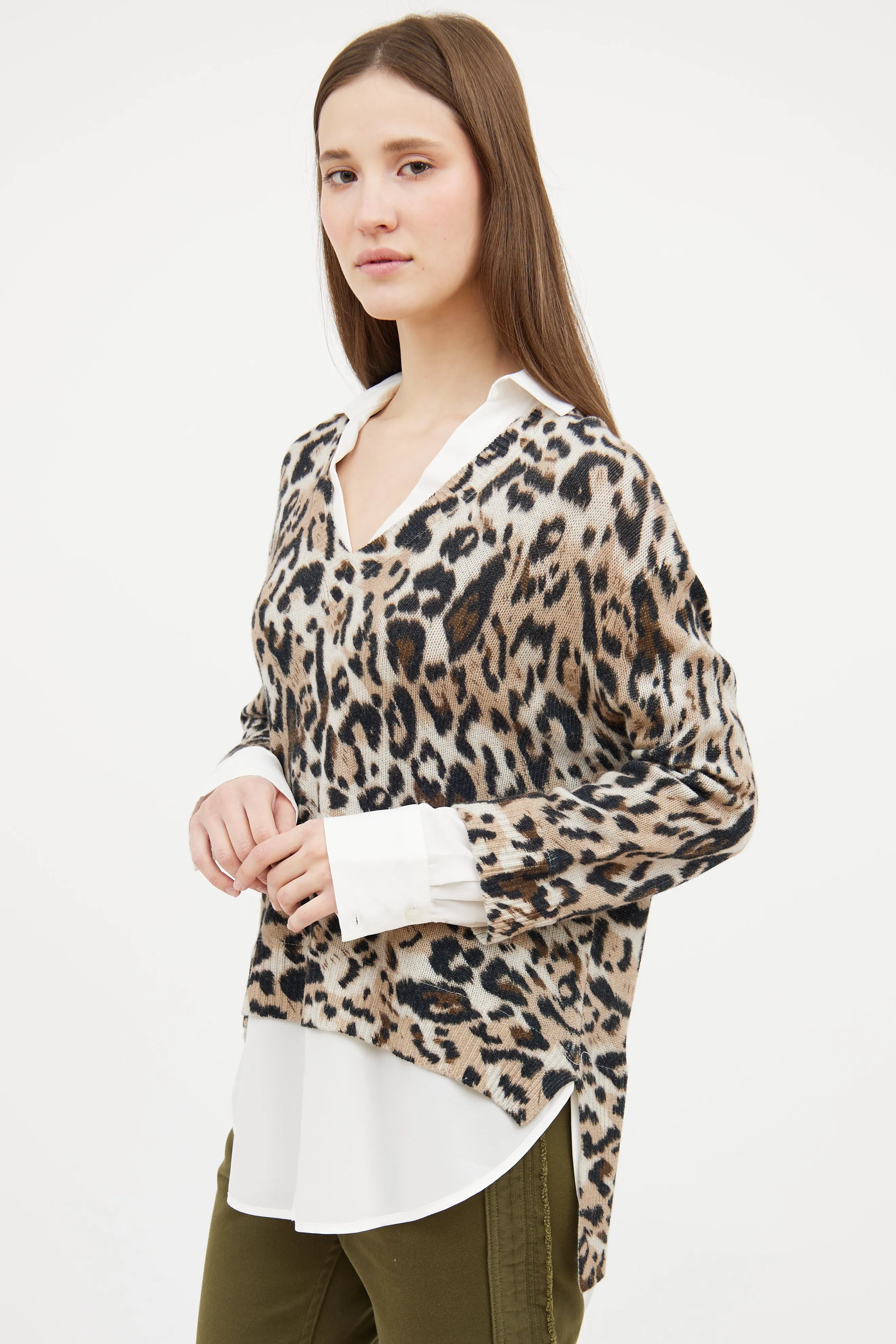 White & Beige Printed Shirt Sweater