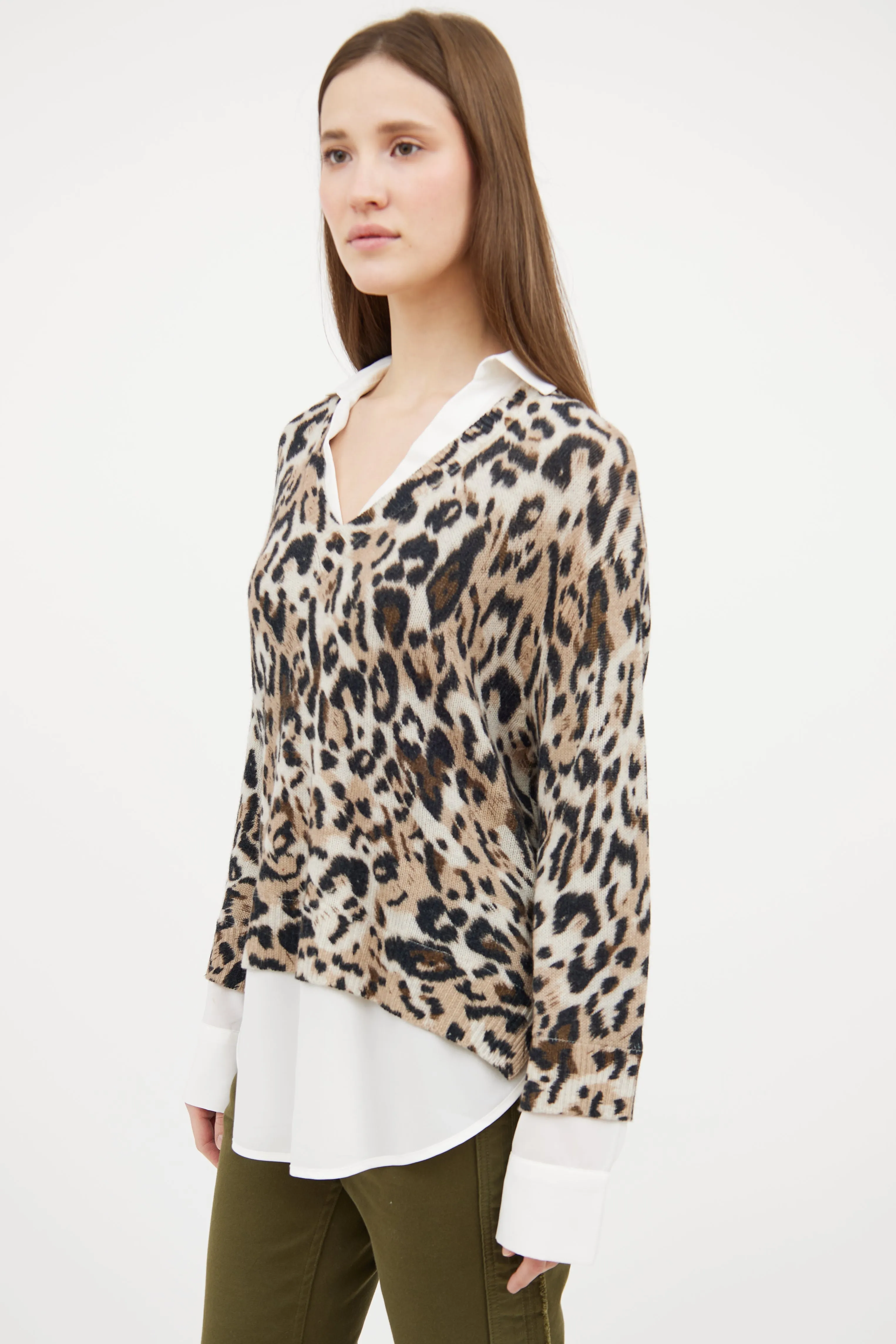 White & Beige Printed Shirt Sweater