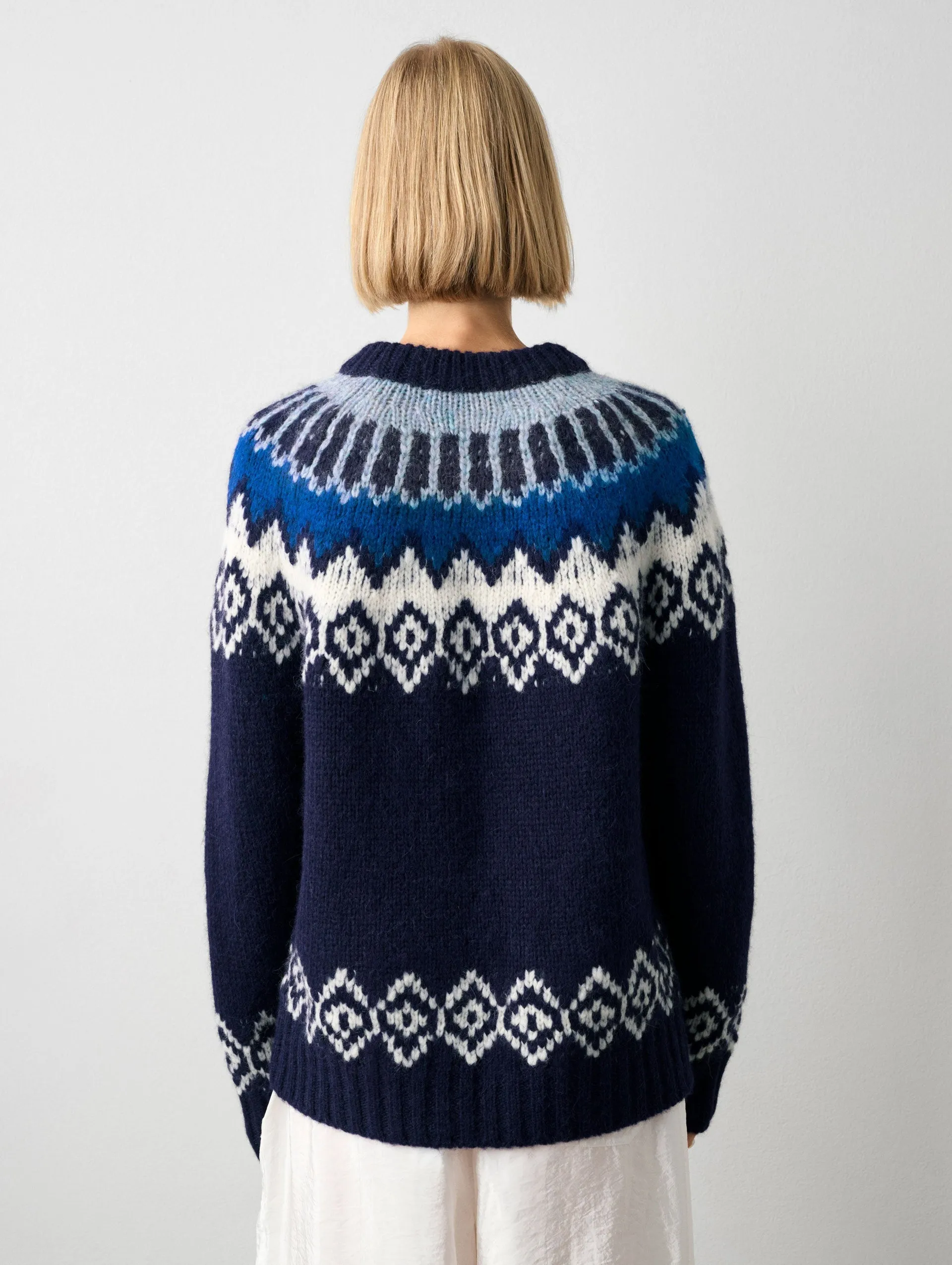 White   Warren - Plush Alpaca Blend Faire Isle Crewneck in Dark Blue Combo