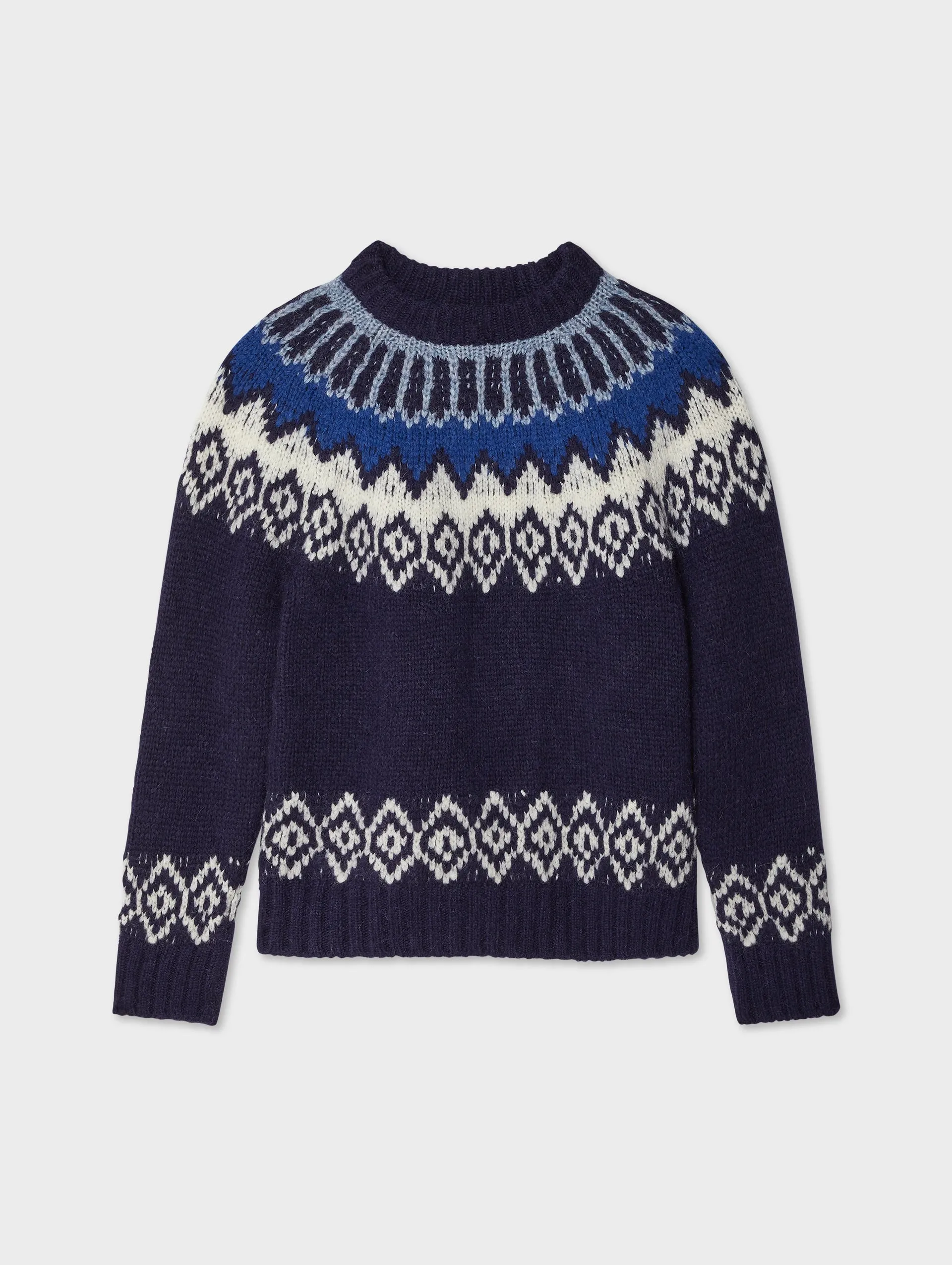 White   Warren - Plush Alpaca Blend Faire Isle Crewneck in Dark Blue Combo