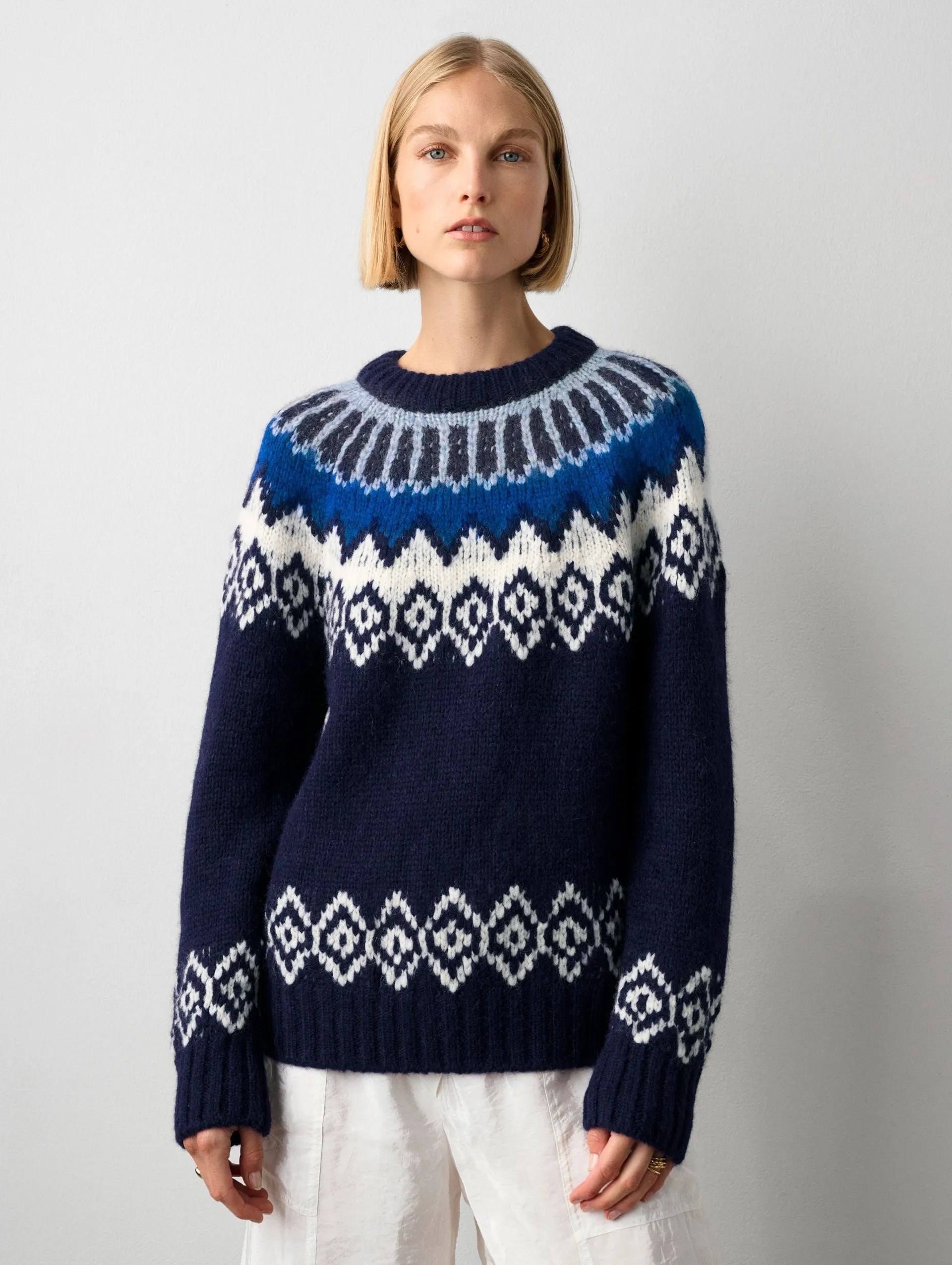 White   Warren - Plush Alpaca Blend Faire Isle Crewneck in Dark Blue Combo