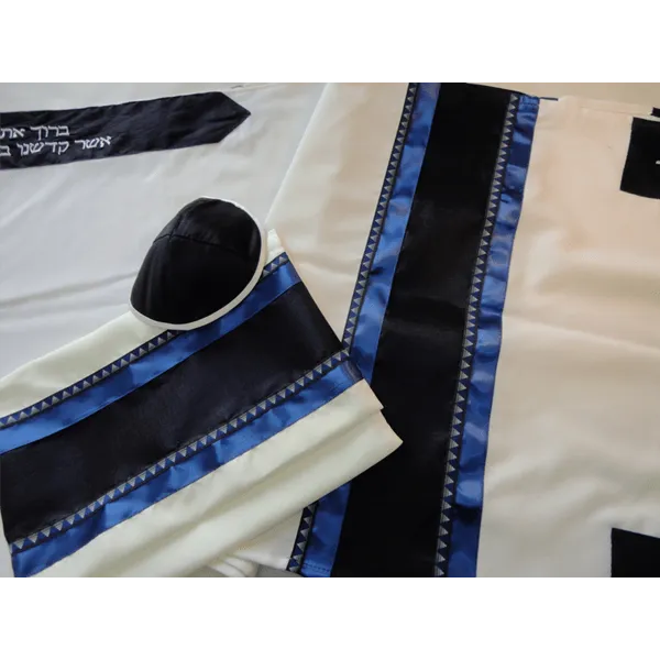 Wool with Zig Zag Pattern Ribbon Bar Mitzvah Tallit Set, Tzitzit Jewish Prayer Shawl, Modern Tallits