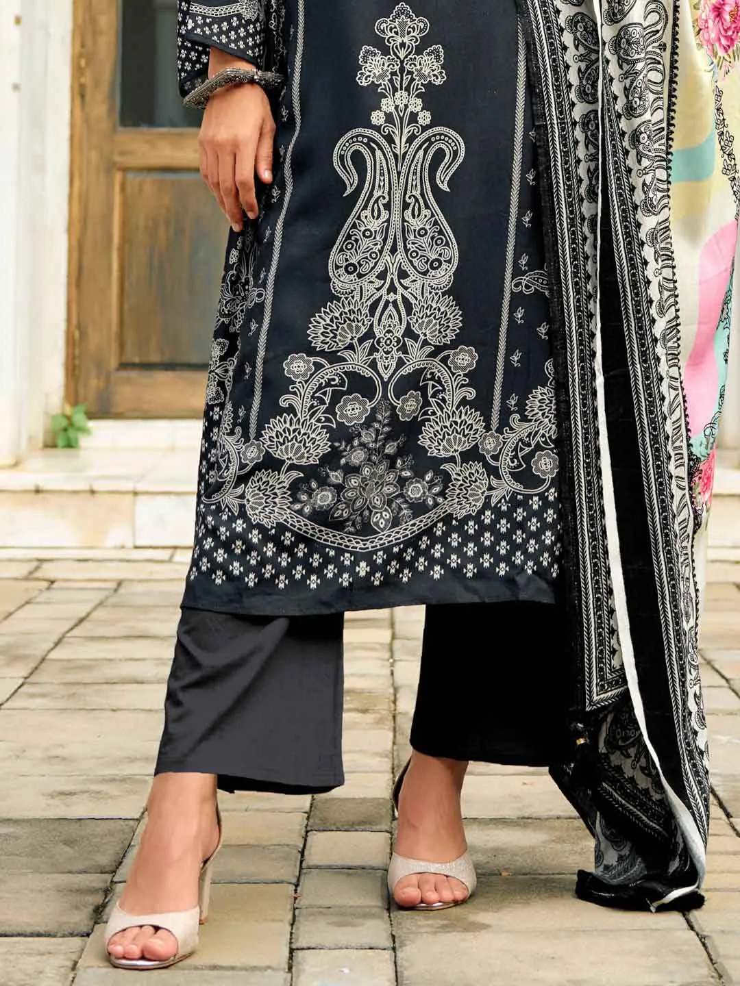 Woolen Unstitched Black Grey Winter Suit Dress Material with Zari Work