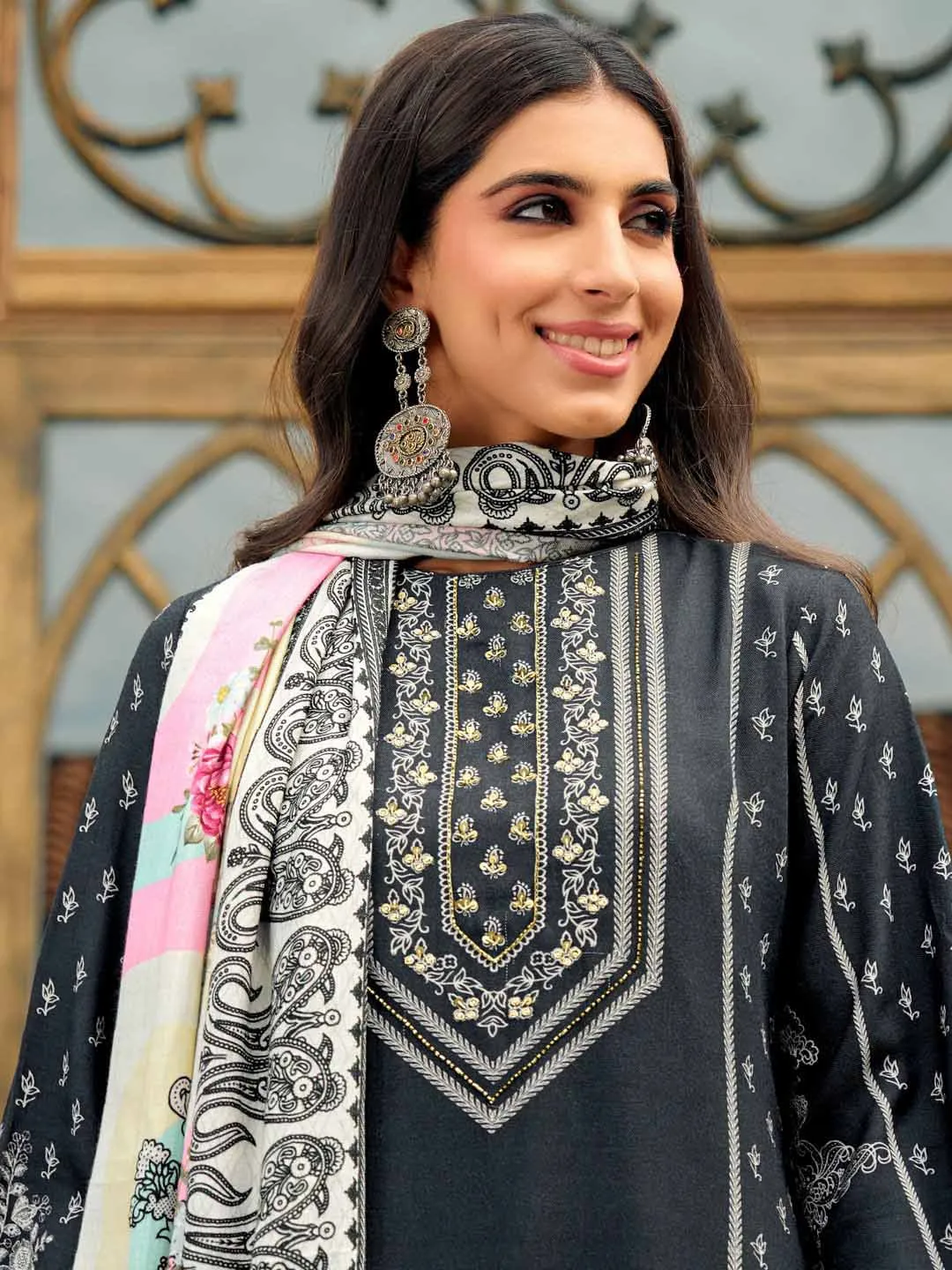 Woolen Unstitched Black Grey Winter Suit Dress Material with Zari Work